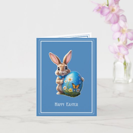 Carte Lapin de Pâques avec un nœud bleu - (Orchidée)