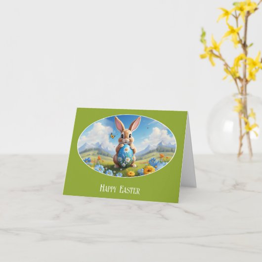 Carte Lapin de Pâques doux dans le paysage - (Fleur jaune)