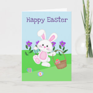 Carte Lapin de Pâques heureux et panier