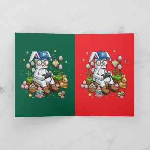 Carte Lapin de Pâques Joueur Lapin Blanc Jouant à un Jeu