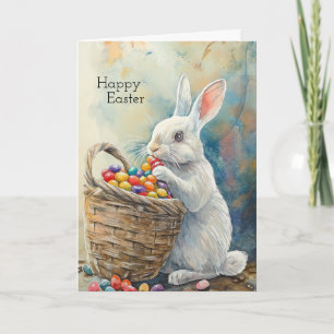Carte lapin de Pâques mange des bonbons gélifiés aquarel