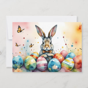 Carte Lapin de Pâques mignon avec des œufs peints coloré