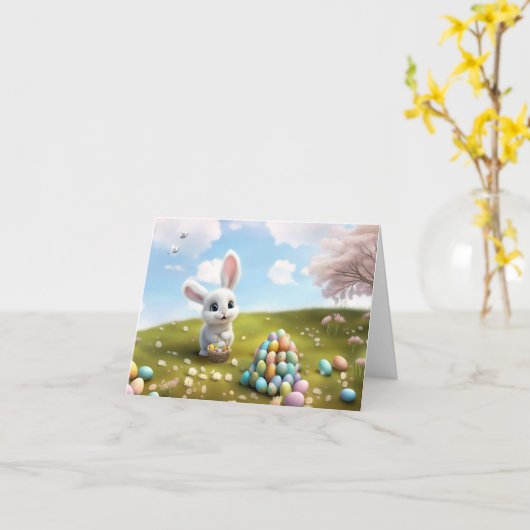 Carte Lapin de Pâques mignon avec panier de Pâques  (Fleur jaune)