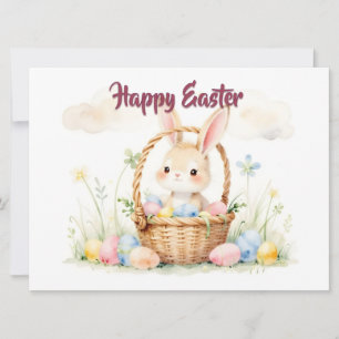 Carte Lapin de Pâques mignon dans un panier avec des œuf