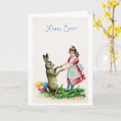 Carte Lapin de Pâques vintage avec fille (Fleur jaune)