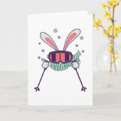 Carte Lapin de ski avec bâtons de ski lunettes de ski et (Fleur jaune)