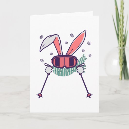 Carte Lapin de ski avec bâtons de ski lunettes de ski et (Devant)