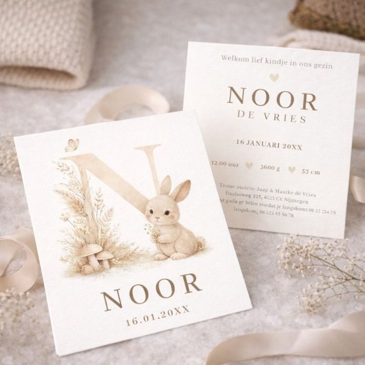 Carte Lapin de Woodland Monogramme N Neutre Naissance
