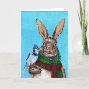 Carte Lapin d'hiver avec geai bleu