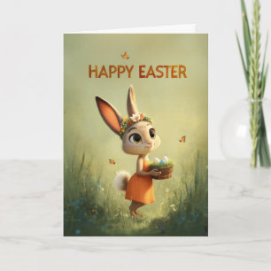Carte Lapin en robe orange portant une couronne de fleur
