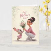 Carte Lapin en rose offrant des fleurs pour la fête des  (Fleur jaune)