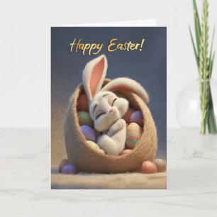 Carte Lapin endormi dans un panier d'œufs de Pâques Joye
