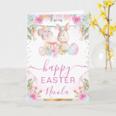 Carte Lapin et fleurs à l'aquarelle Joyeuses Pâques (Fleur jaune)