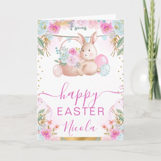 Carte Lapin et fleurs à l'aquarelle Joyeuses Pâques (Devant)