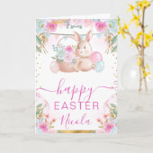 Carte Lapin et fleurs à l'aquarelle Joyeuses Pâques (Fleur jaune)