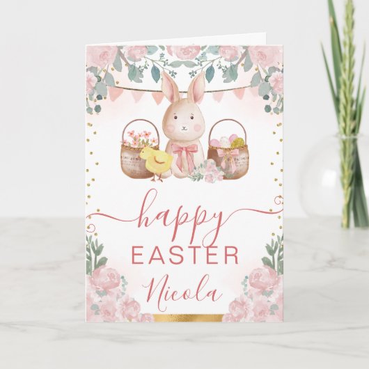 Carte Lapin et fleurs à l'aquarelle Joyeuses Pâques (Devant)