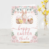 Carte Lapin et fleurs à l'aquarelle Joyeuses Pâques (Fleur jaune)