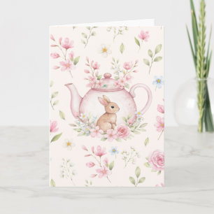 Carte Lapin Fantaisiste Théière Rose Floral Pâques
