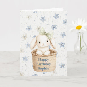 Carte Lapin Fleurs Bleues dans Panier Anniversaire
