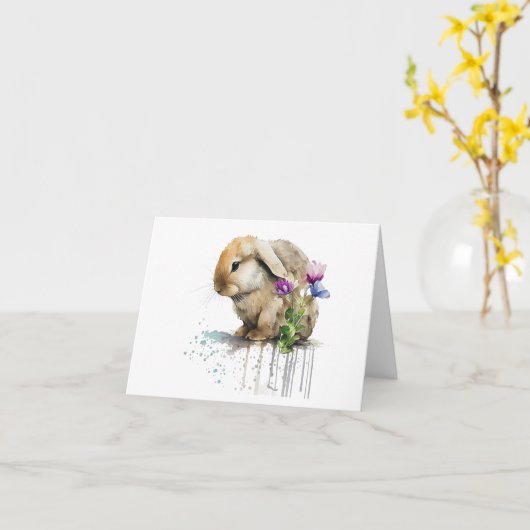 Carte Lapin lapin à coulisse d'aquarelle avec Fleurs BLA (Fleur jaune)