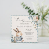 Carte Lapin Lapin Baby shower Floral Bleu (Debout devant)