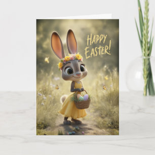 Carte Lapin mignon en jaune avec panier de Pâques heureu
