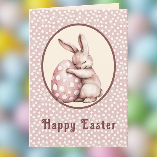 Carte Lapin Mignon Enlaçant un Œuf Monogramme à Points