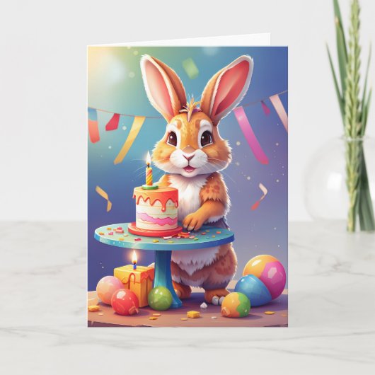 Carte Lapin mignon souriant avec gâteau (Devant)