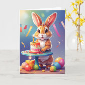 Carte Lapin mignon souriant avec gâteau (Fleur jaune)