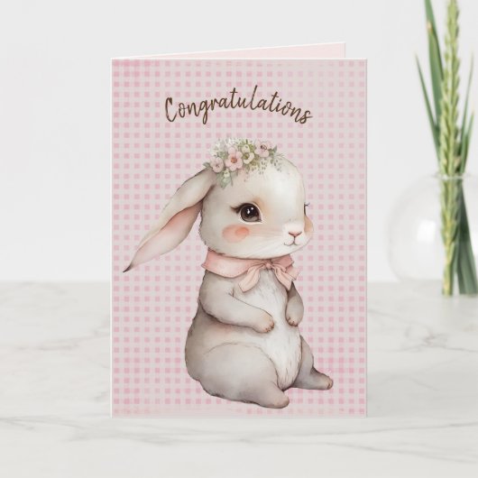 Carte Lapin mignon sur gingham pour nouveau-né (Devant)