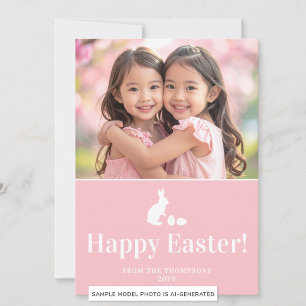 Carte Lapin rose et blanc avec photo personnalisée de Pâ