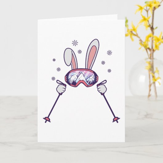 Carte Lapin skieur avec bâtons de ski et lunettes de ski (Fleur jaune)