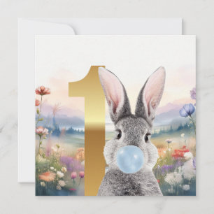 Carte Lapin soufflant un bubble gum bleu Premier anniver