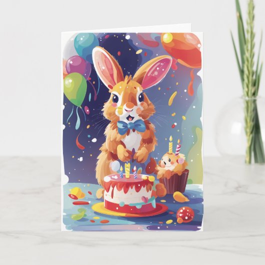 Carte Lapin souriant avec gâteau et ballons (Devant)
