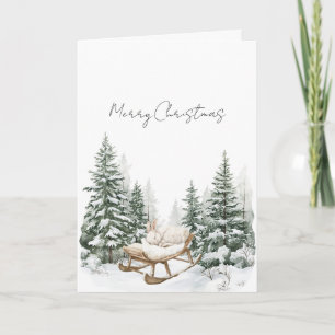 Carte Lapin sur traîneau neige Noël pins