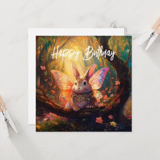 Carte Lapin Whimsical dans une forêt enchantée Joyeux an (Devant/Arrière en situation)