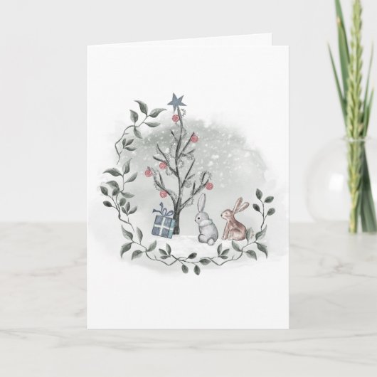 Carte Lapins aquarelle arbre de Noël (Devant)