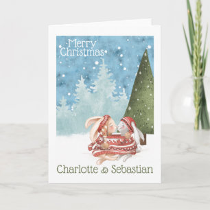 Carte Lapins de Noël embrassant en pull d'hiver