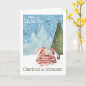 Carte Lapins de Noël embrassant en pull d'hiver (Fleur jaune)