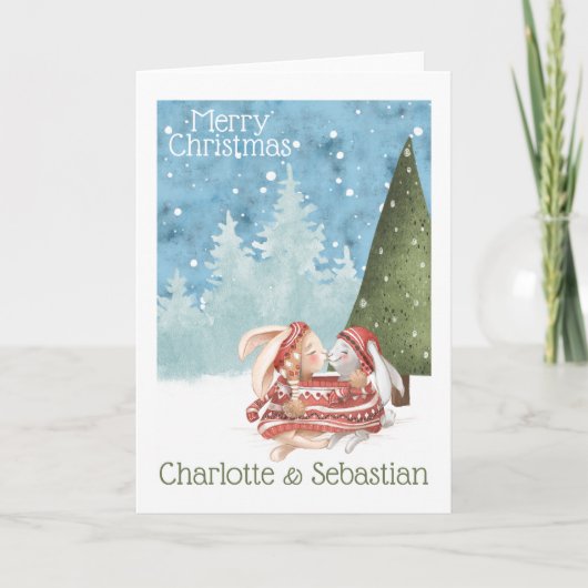 Carte Lapins de Pâques embrassant en pull d'hiver de Noë (Devant)