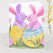 Carte Lapins d'oeufs de Pâques | Aquarelle Pastel (Fleur jaune)