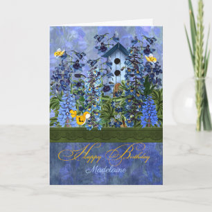 Carte Larkspur Garden with Birdhouse with Name Birthday