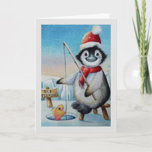 Carte L'art aquarelle de la pêche sur glace au pingouin