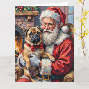 Carte L'art de Noël du Père Noël tenant un Pug