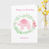 Carte Laurel Aquarelle rose Eléphant 1er anniversaire (Fleur jaune)