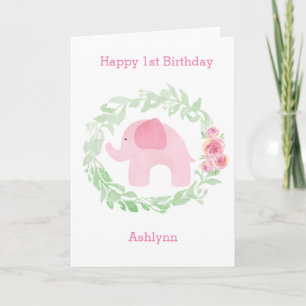 Carte Laurel Aquarelle rose Eléphant 1er anniversaire
