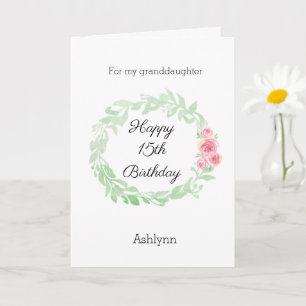 Carte Laurel et Fleurs 15e anniversaire Petite-fille