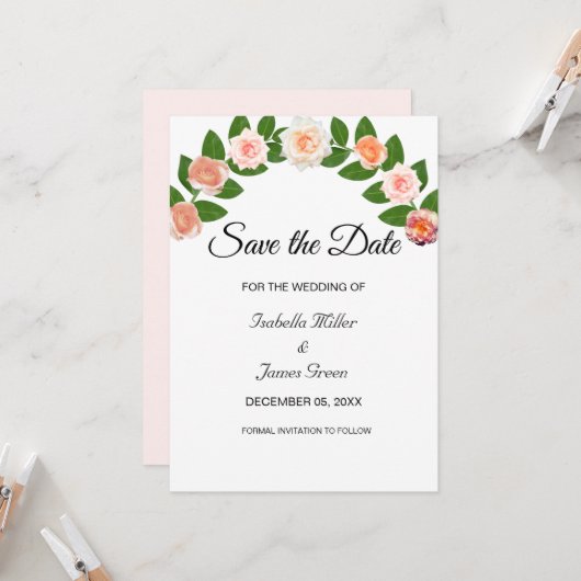Carte Laurel et mariage Rose Enregistrer la date Invitat (Devant/Arrière en situation)