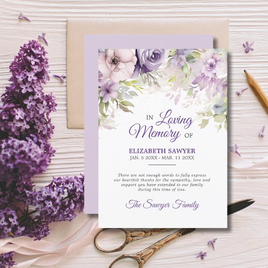 Carte Lavande funéraire violet violet MERCI mémoire viol