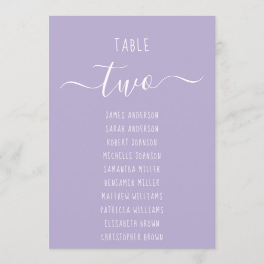 Carte Lavender Modern Script Purple Seating Chart Card (Devant)
